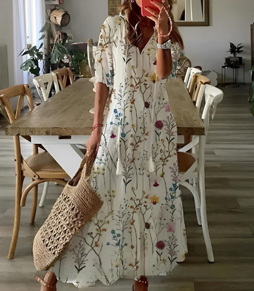 Sophia - Boho Vintage V-Neck Summer Dress 