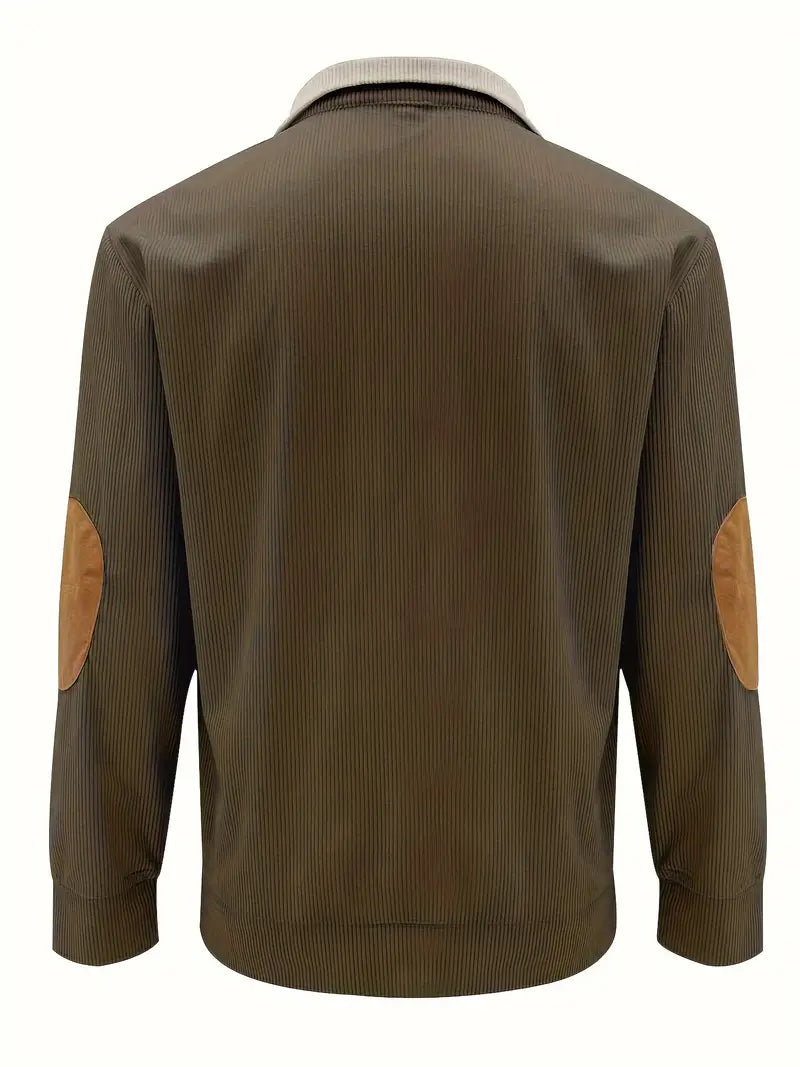 Men's Sweater with Contrasting Collar and Buttons - Casual Pullover with Elbow Patches, Warm Knitted Sweater for Fall and Winter