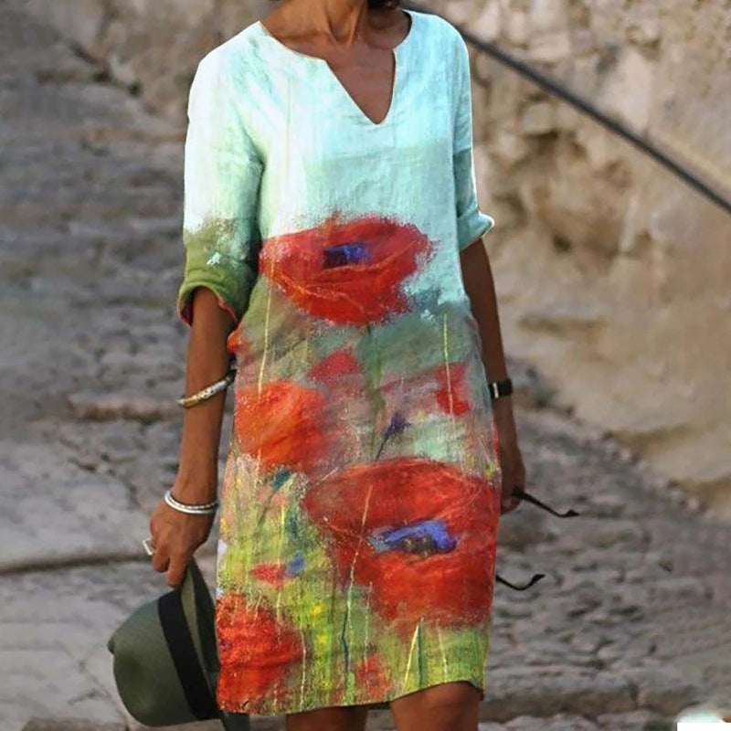 Jacqueline™ - Spring V-Neck Three-Quarter Sleeve Dress 