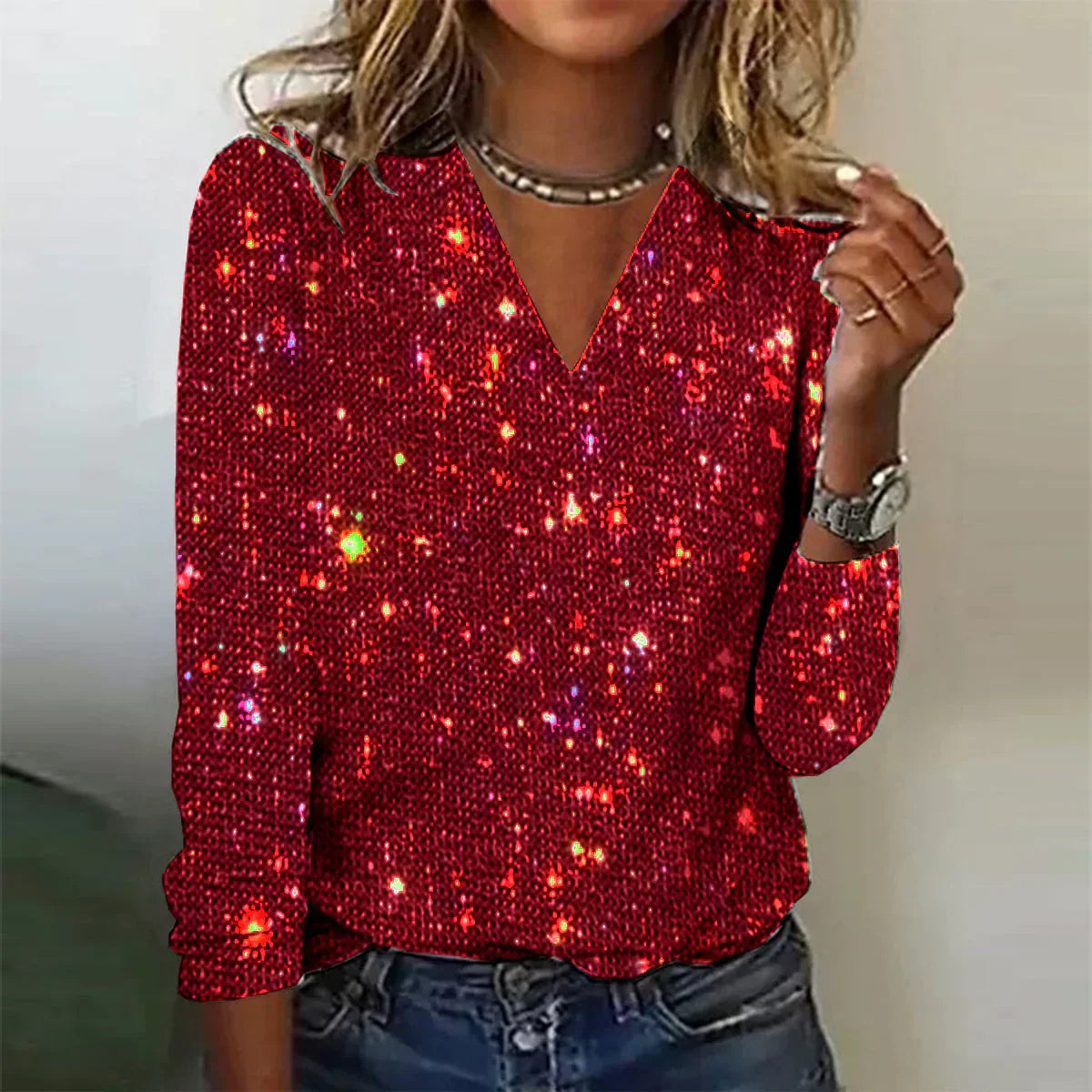 Livia | Sparkling V-Neck Sequin Top