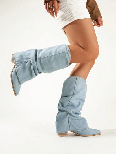 Solenne | Denim High Boots met Slouchy Fit