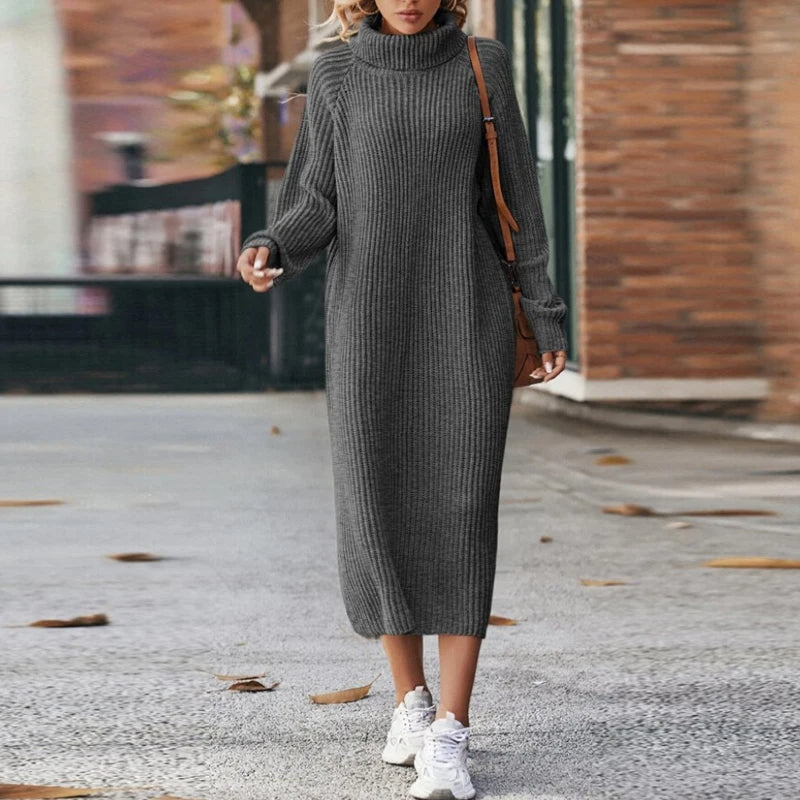 Knitted Midi Dress with Long Sleeves – Women's Dress with Turtleneck