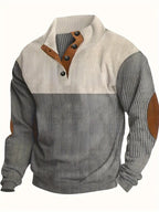Herrenpullover mit kontrastierendem Kragen und Knöpfen – Lässiger Pullover mit Ellbogenpatches, warmer Strickpullover für Herbst und Winter