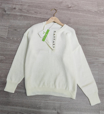 Elinea™ - Classic Plain White Button Closure Sweater