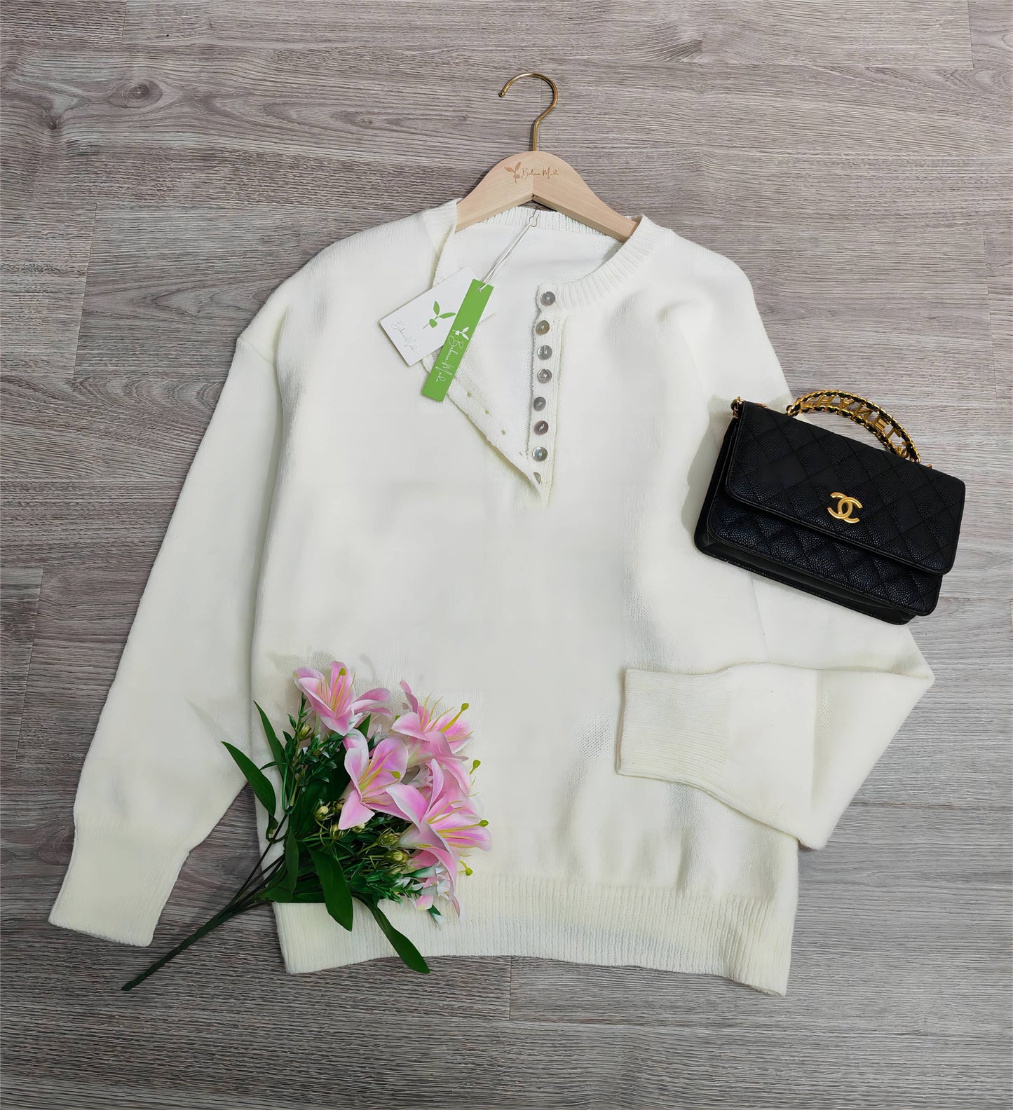 Elinea™ - Classic Plain White Button Closure Sweater