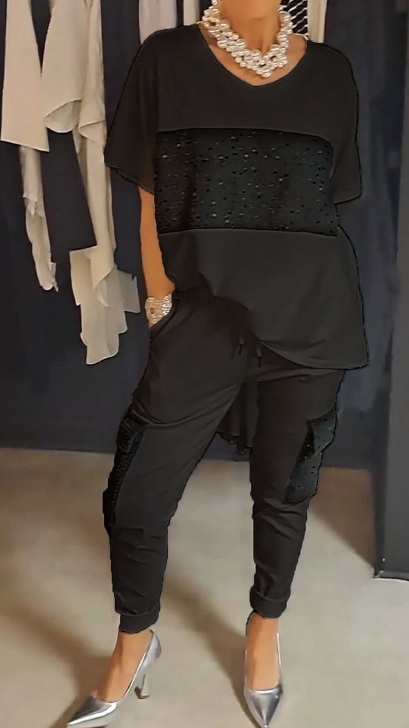Round neck top and two-piece set with casual sequin pants