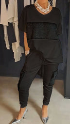 Round neck top and two-piece set with casual sequin pants