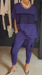 Round neck top and two-piece set with casual sequin pants