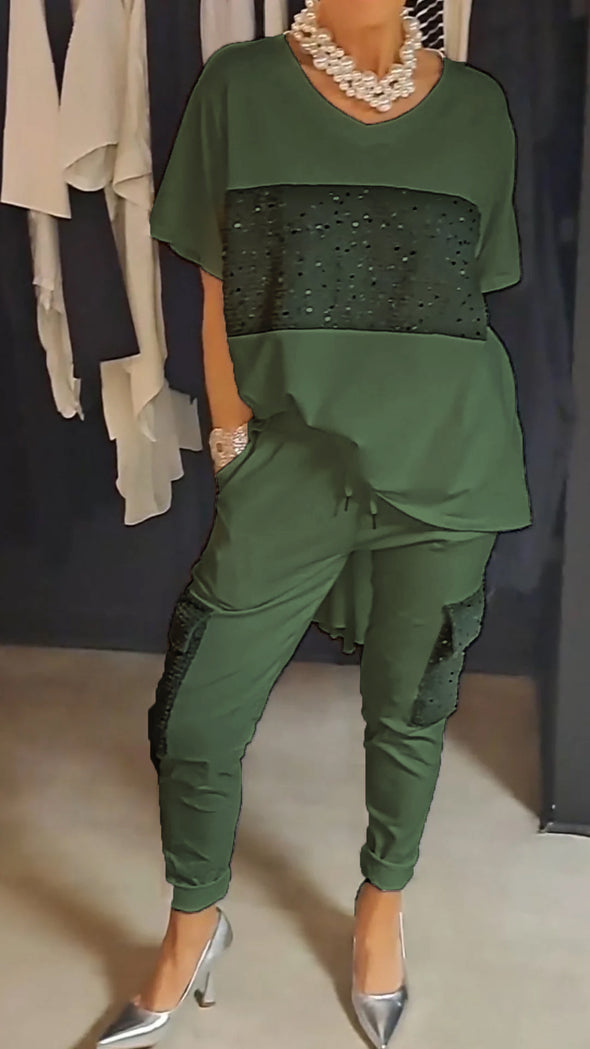 Round neck top and two-piece set with casual sequin pants
