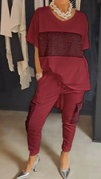 Round neck top and two-piece set with casual sequin pants