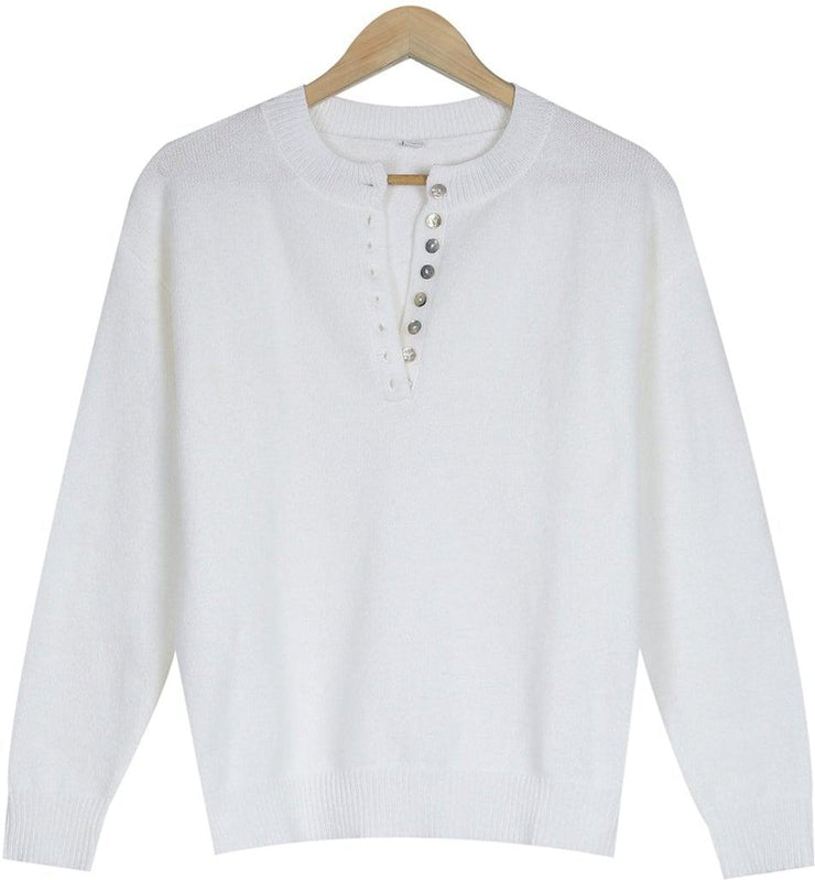 Elinea™ - Classic Plain White Button Closure Sweater