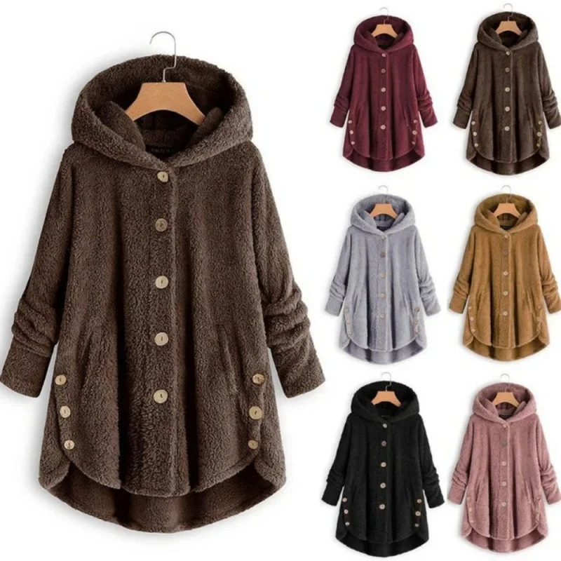 Dalveri - Stylish Teddy Coat Women - Long Fleece Coat with Hood and Buttons