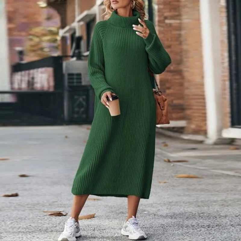 Knitted Midi Dress with Long Sleeves – Women's Dress with Turtleneck