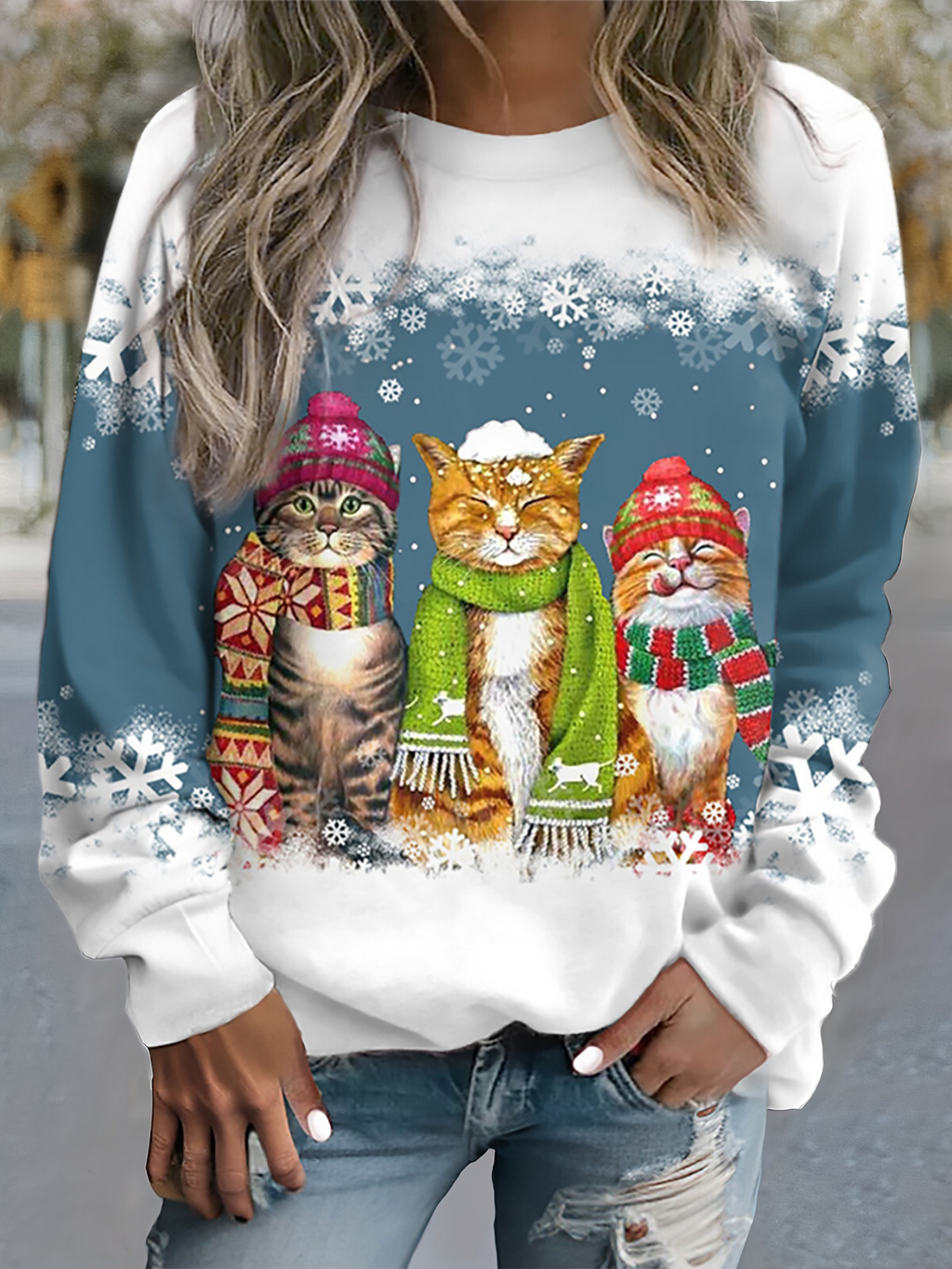 Katzenmotiv | Warmes Winteroberteil mit Schneekatzenmuster