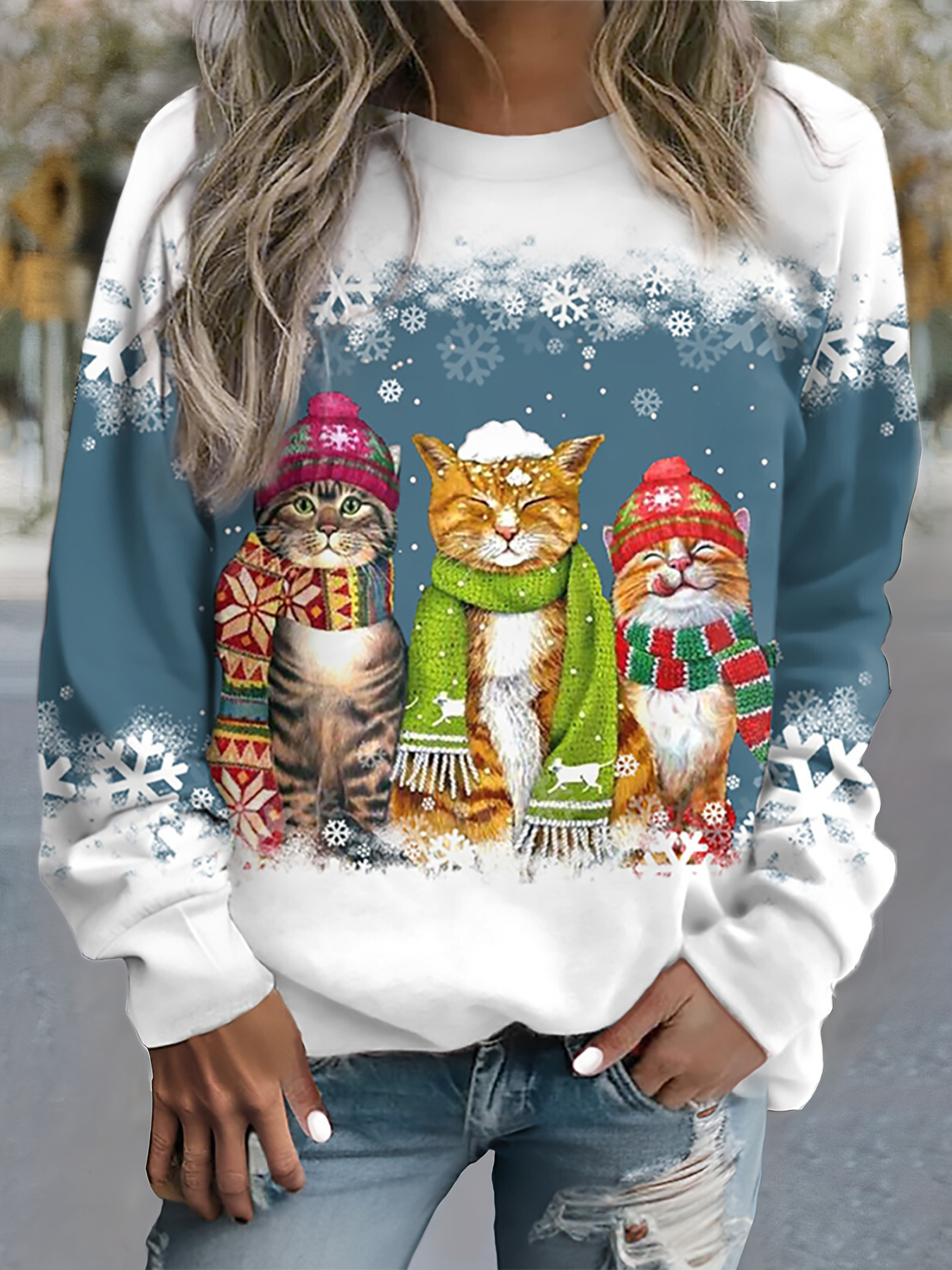Katzenmotiv | Warmes Winteroberteil mit Schneekatzenmuster