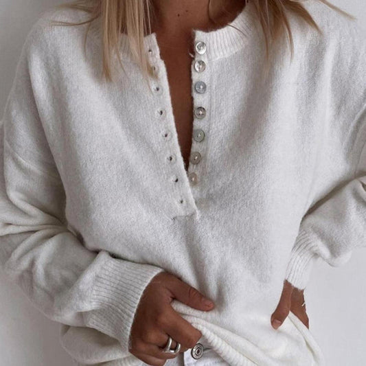 Elinea™ - Classic Plain White Button Closure Sweater