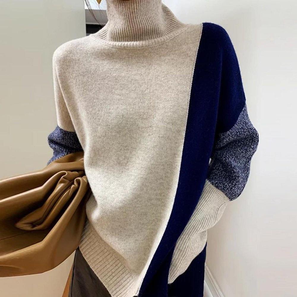 Araminta™ - Comfortable High Neck Color Block Sweater