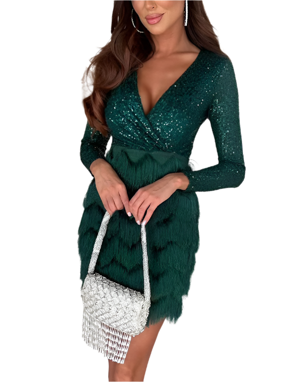 Giulia – V-Neck Sequin Tassels Mini Party Dress for Women