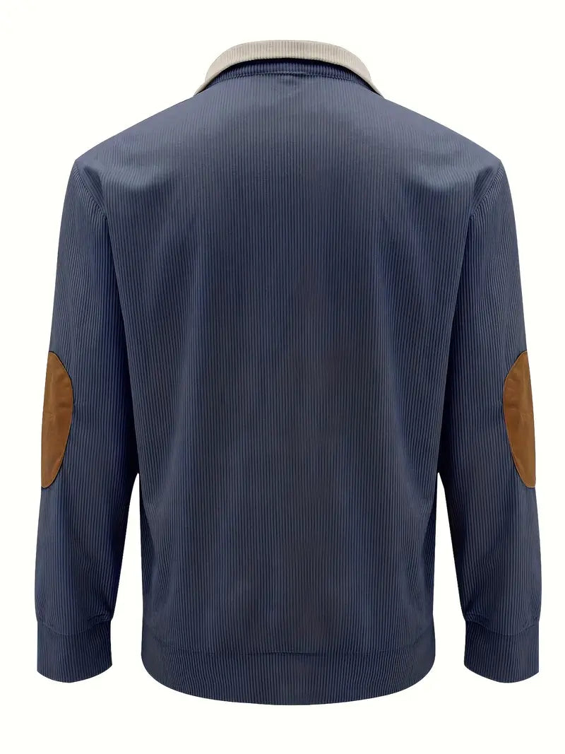Men's Sweater with Contrasting Collar and Buttons - Casual Pullover with Elbow Patches, Warm Knitted Sweater for Fall and Winter