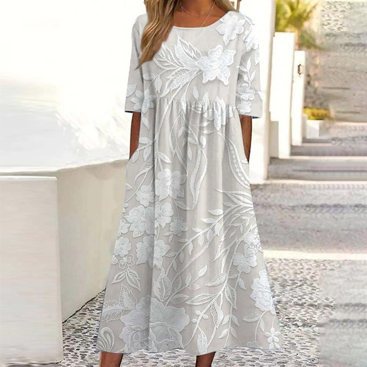 Maëlle – Klassisches bedrucktes Midikleid mit Seitentaschen 