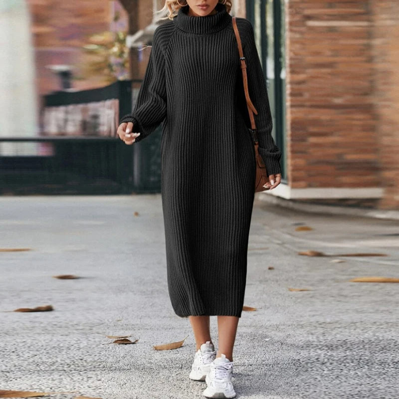 Knitted Midi Dress with Long Sleeves – Women's Dress with Turtleneck