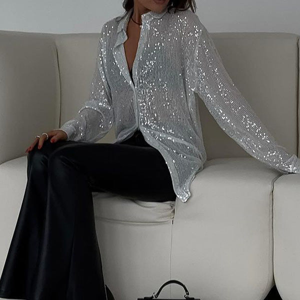 Syesha | Loose shirt with shiny sequins and long sleeves - Stylish party top