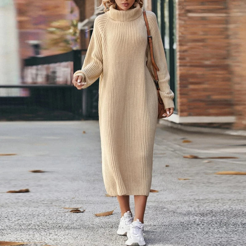 Knitted Midi Dress with Long Sleeves – Women's Dress with Turtleneck