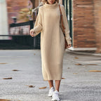 Knitted Midi Dress with Long Sleeves – Women's Dress with Turtleneck