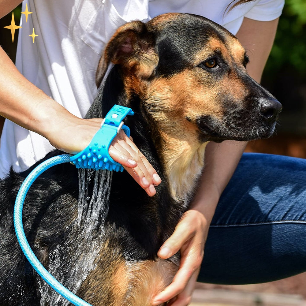 Hundeduschkopf-Handschuh, Gartenschlauch und Bürste in einem für ein sauberes Haustier