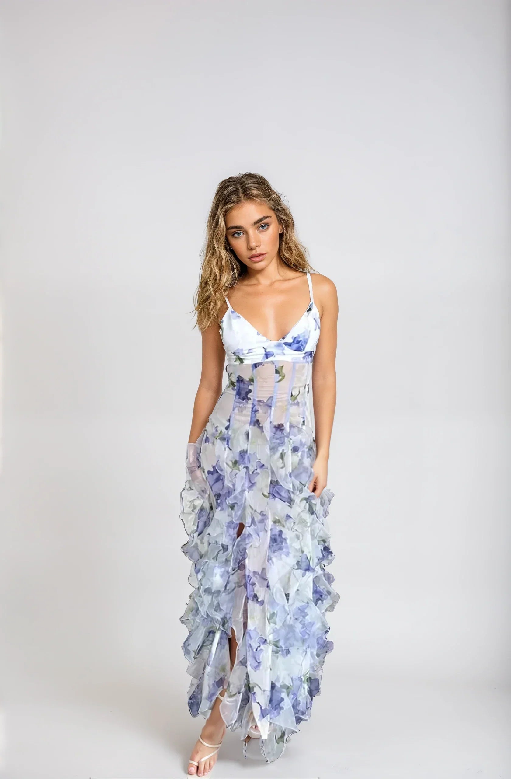 Elena - Long Flowing Dress with Ruffles and Floral Print