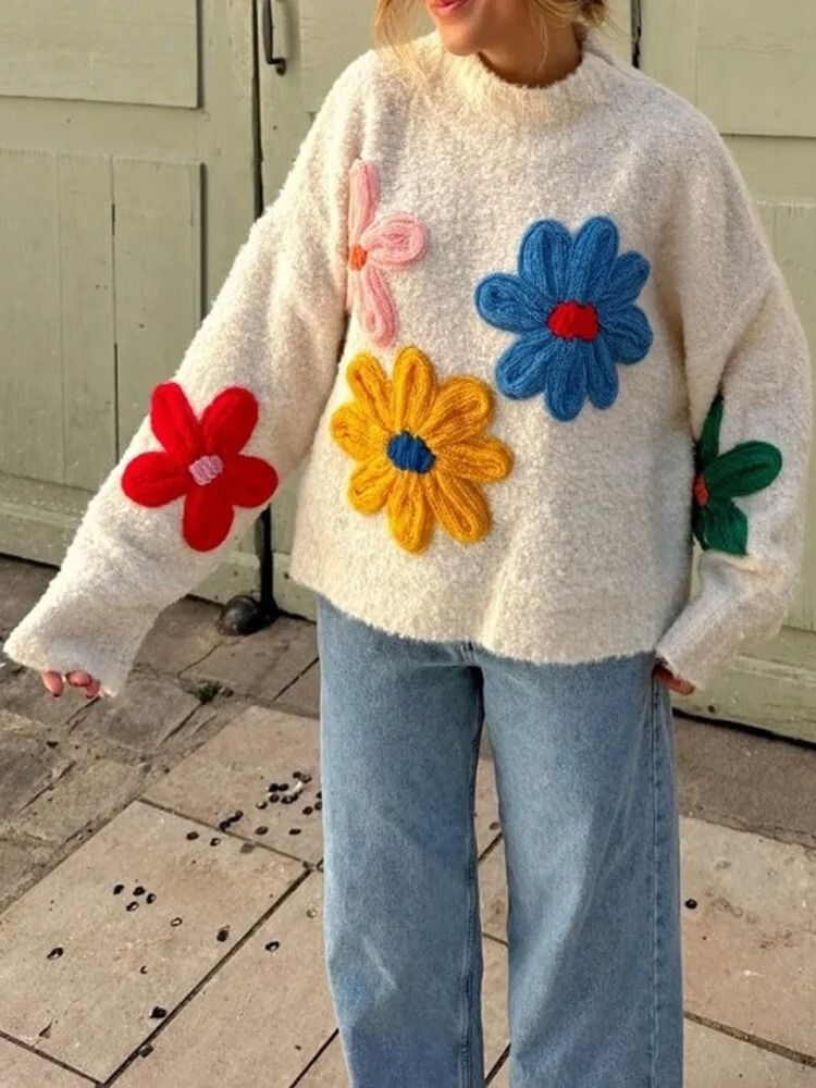 Stella - Stijlvolle Witte Gebreide Bloemen Herfst Trui voor Vrouwen