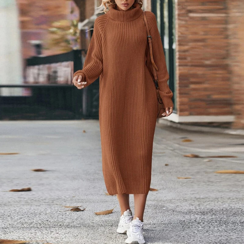 Knitted Midi Dress with Long Sleeves – Women's Dress with Turtleneck