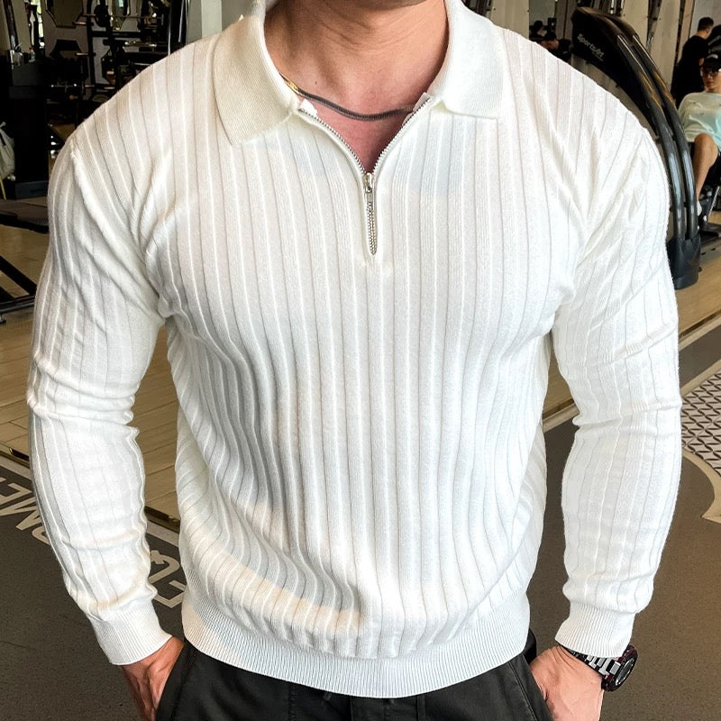 Ribbed quarter-zip long-sleeve polo