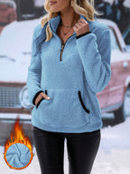 Dames Trui met Zipper | Warme Comfortabele Trui met Halve Rits en Kangoeroezak