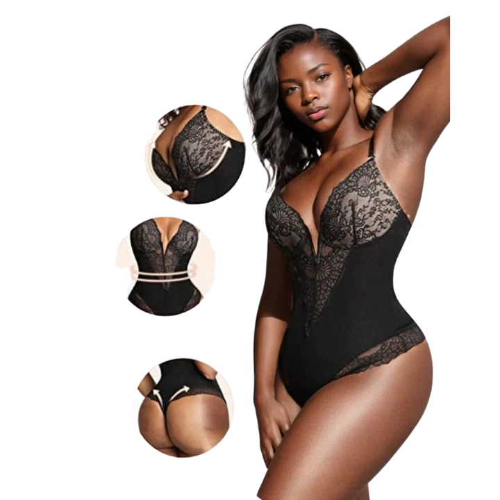ChicBodys™ - Deep V Neck Lace Thong Bodysuit 