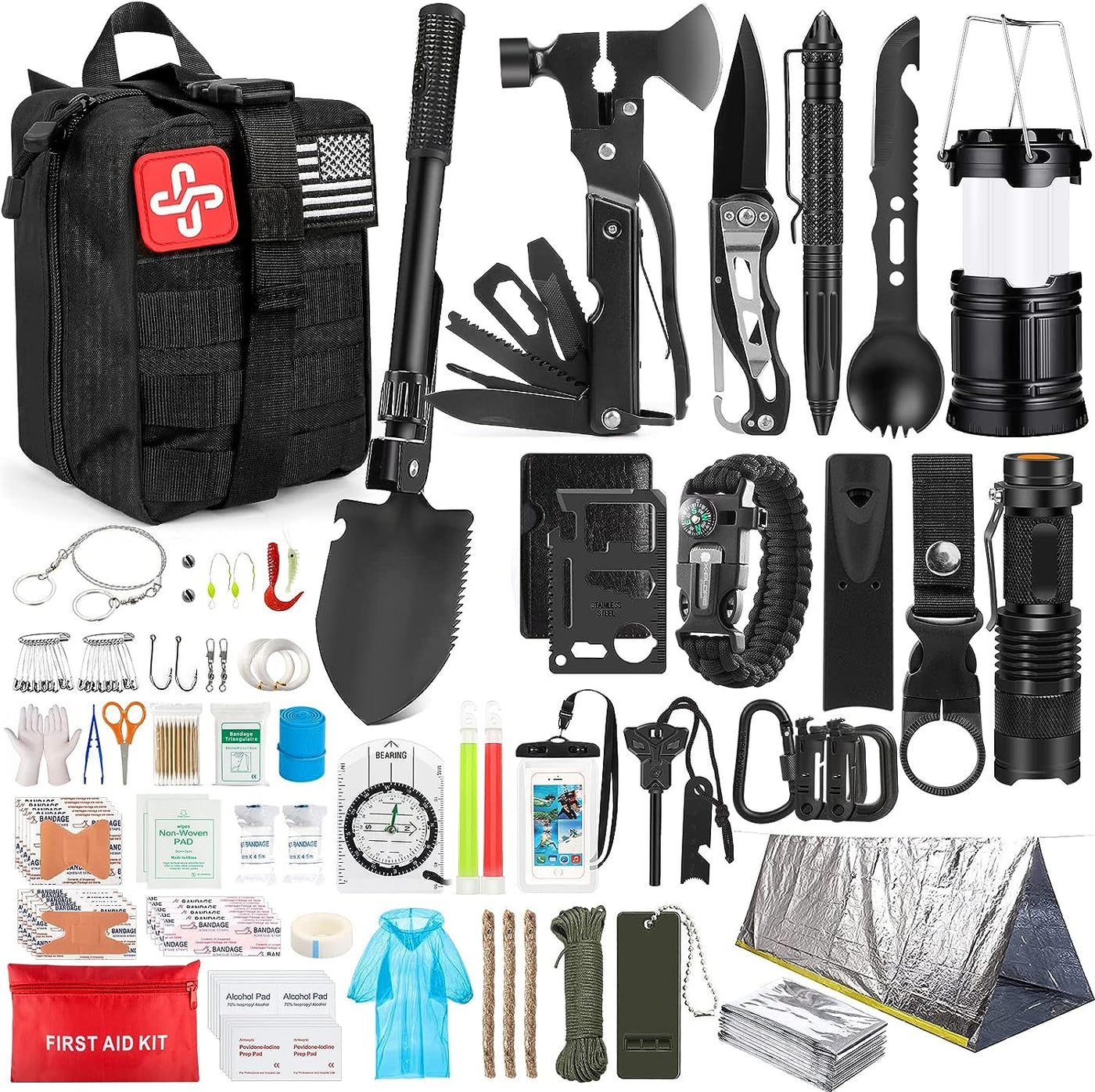 Survival Equipment Set - GearGuard - 250 Pieces - System Compatible Bag &amp; Emergency Tent