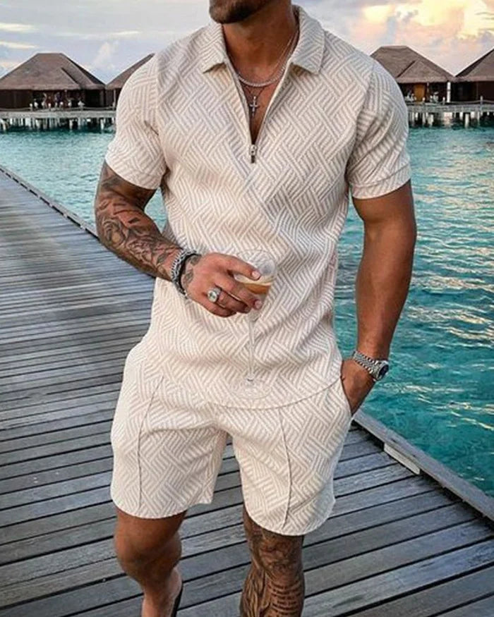 Elias | Lapel Cream Polo Shirt &amp; Shorts Set coll2