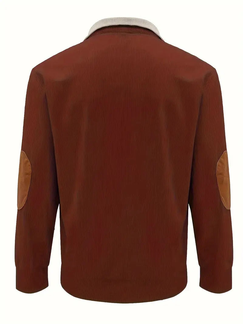 Herrenpullover mit kontrastierendem Kragen und Knöpfen – Lässiger Pullover mit Ellbogenpatches, warmer Strickpullover für Herbst und Winter