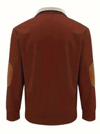 Herrenpullover mit kontrastierendem Kragen und Knöpfen – Lässiger Pullover mit Ellbogenpatches, warmer Strickpullover für Herbst und Winter