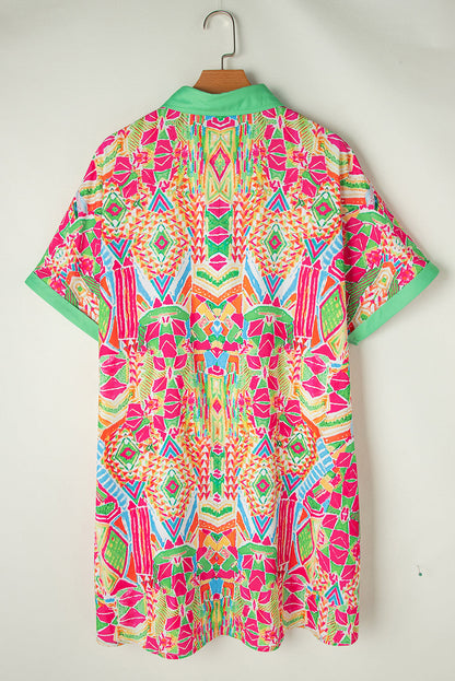 Gena - Contrasting geometric print shirt dress with short sleeves