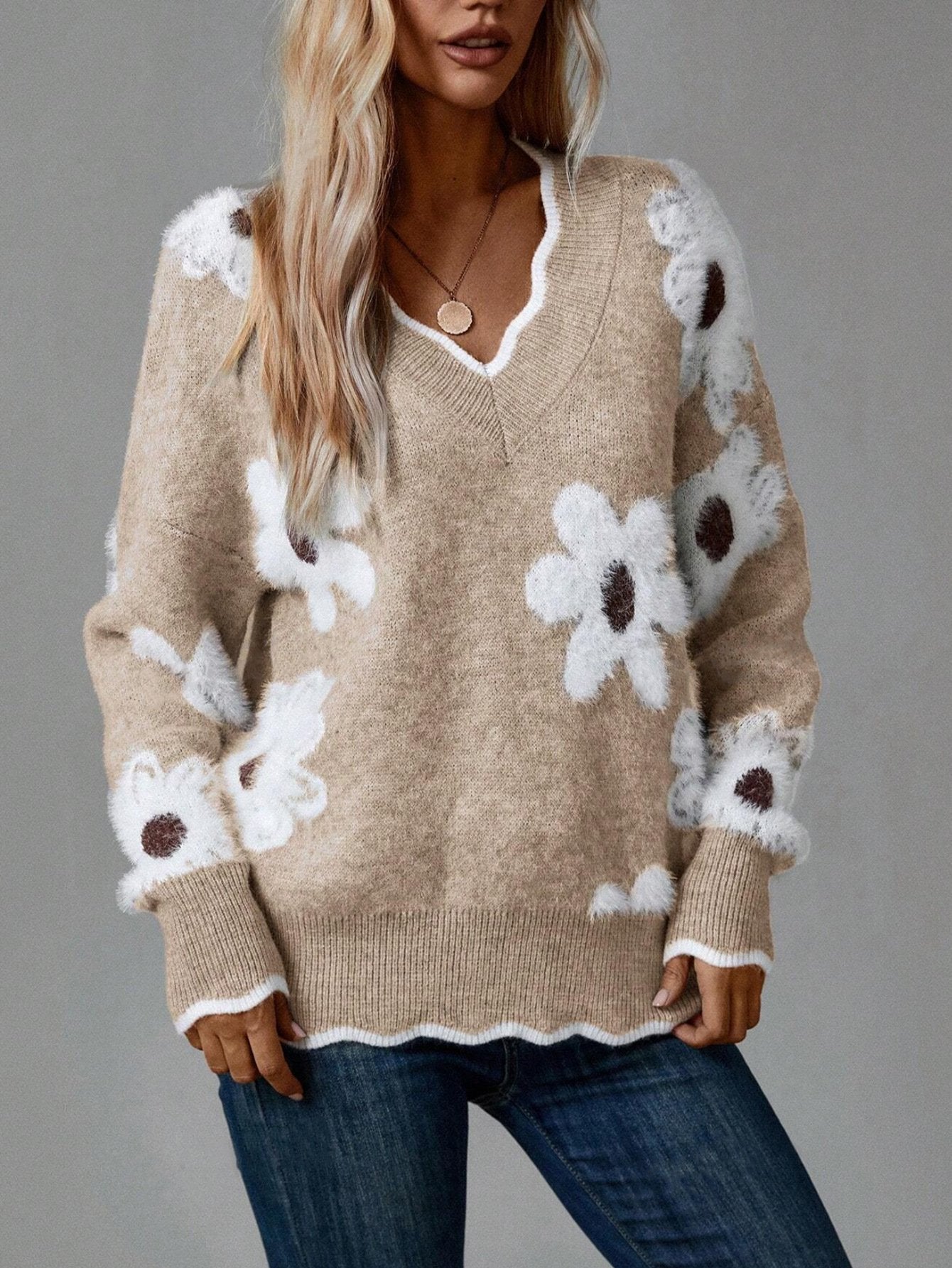 Odette™ – Eleganter Pullover mit Blumenmuster und Rüschensaum