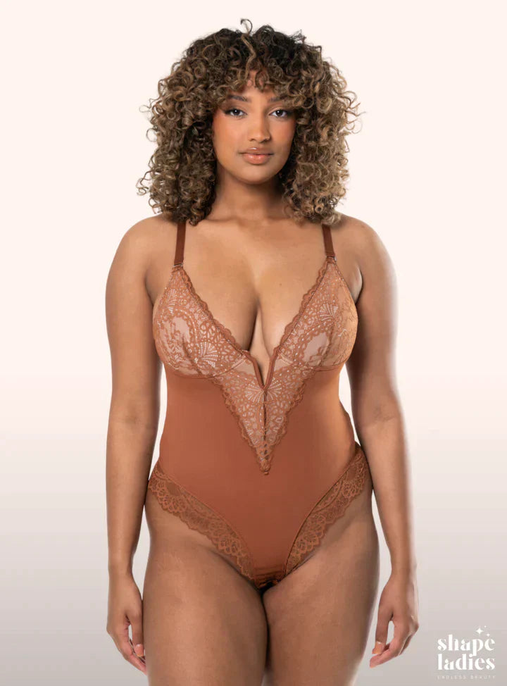 ChicBodys™ - Deep V Neck Lace Thong Bodysuit 