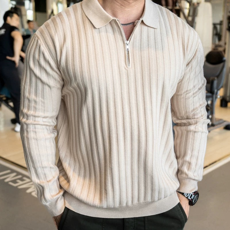 Ribbed quarter-zip long-sleeve polo