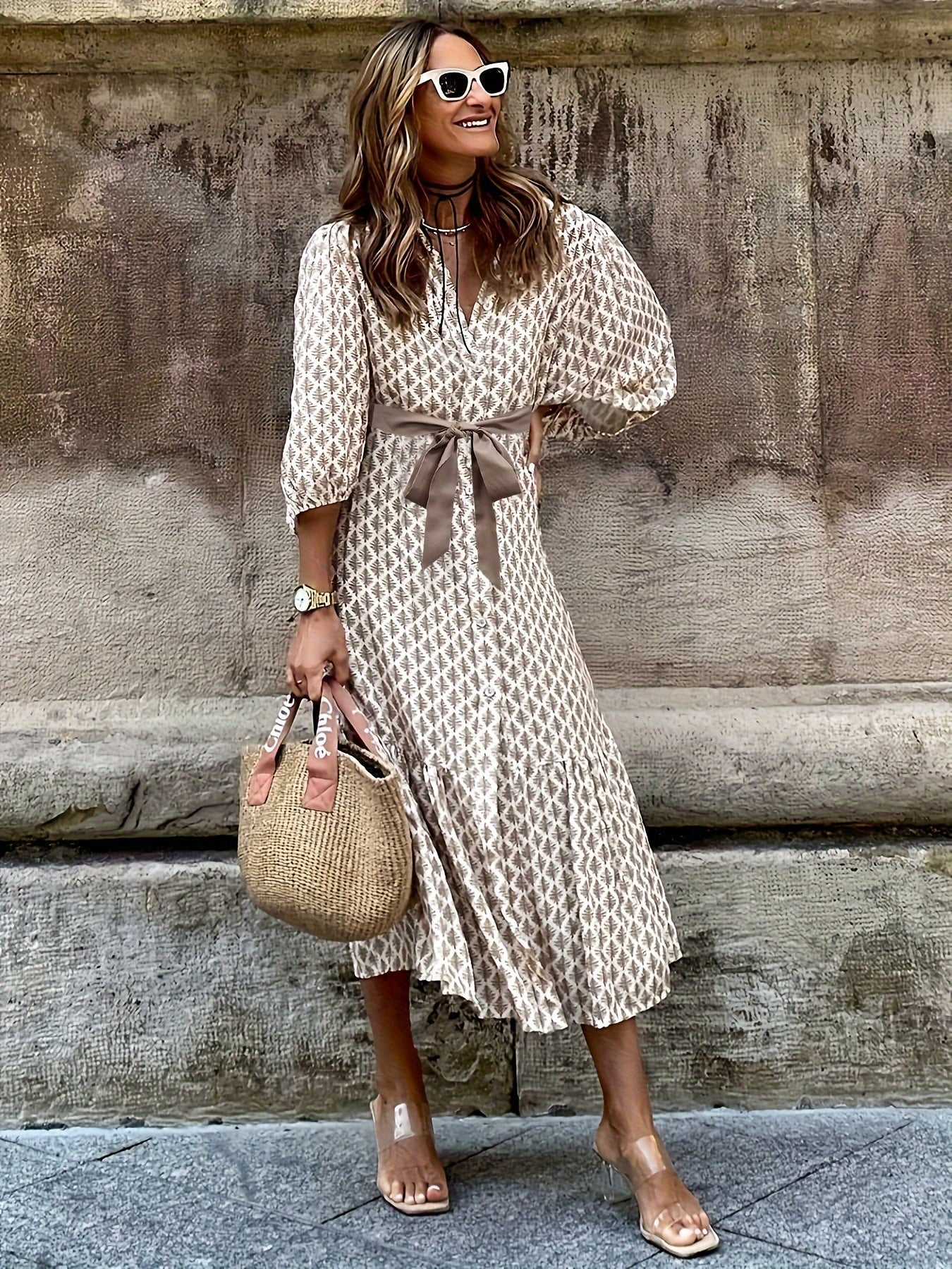 Cayena Elegante Doorknoopjurk Met Strikdetail