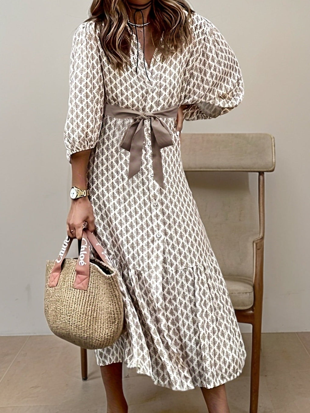 Cayena Elegante Doorknoopjurk Met Strikdetail