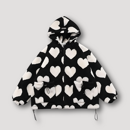 Oversized Soft Cozy Hearts Graphic Fleece Hoodie Jacket