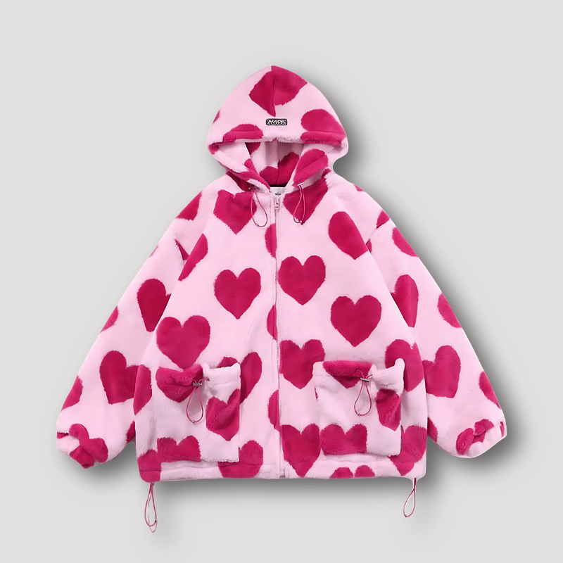 Oversized Soft Cozy Hearts Graphic Fleece Hoodie Jacket