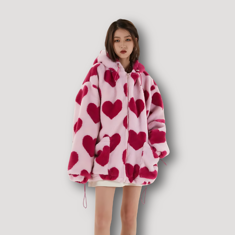 Oversized Soft Cozy Hearts Graphic Fleece Hoodie Jacket