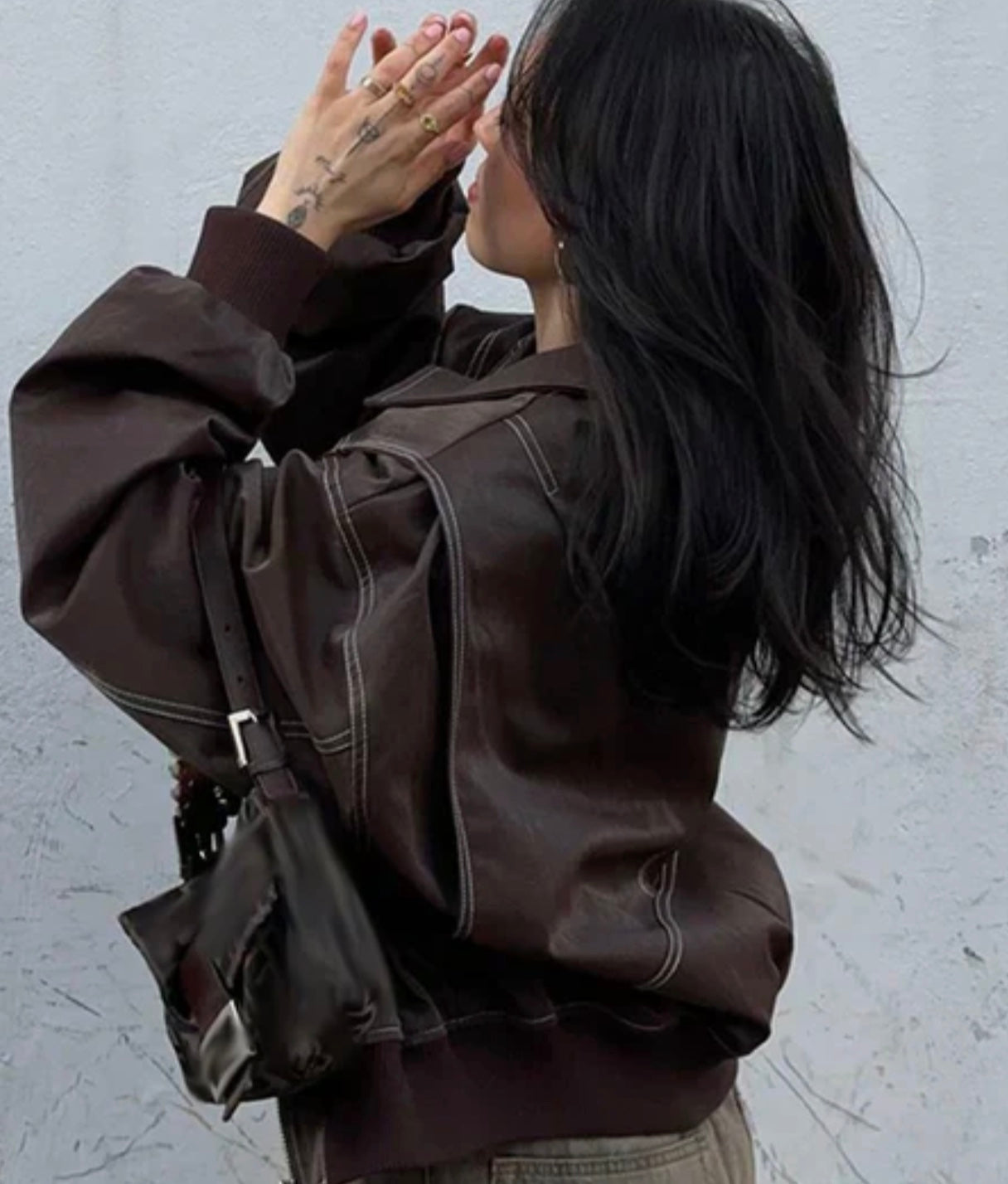 Trendy Brown Bomber Jacket | Women's oversized faux leather jacket with vintage details