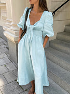 Jessie – Damenkleid mit hoher Taille aus Baumwolle und Leinen